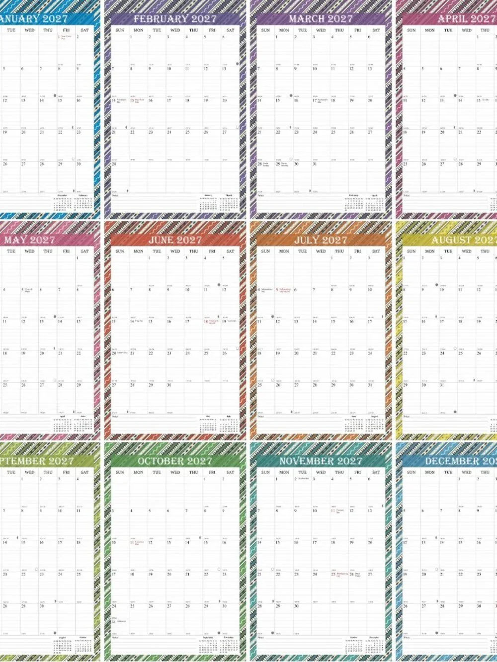 2027 Wall Calendar Spiral-bound Twin-Wire Binding - 12 Months 8.5